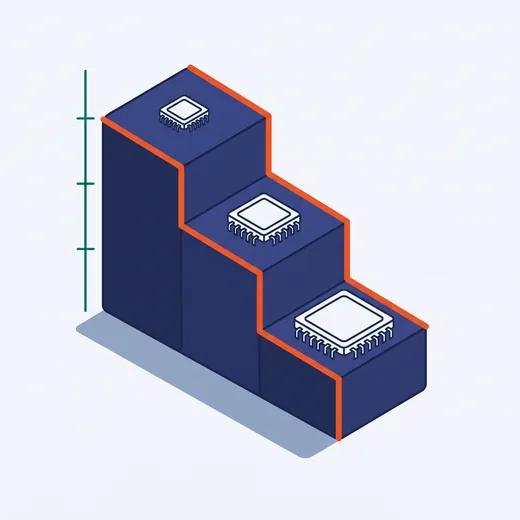 Ba bậc thang đi xuống dần từ trái sang phải. Trên mỗi bậc đặt một con chip, chip càng to thì bậc càng thấp. Một đường kẻ đậm men theo mặt trên các bậc, tụt xuống theo.