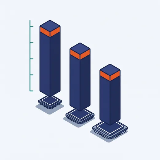 Ba cột cao thấp khác nhau đứng cạnh nhau, cao nhất bên trái. Dưới mỗi cột là một con chip: chip nhỏ nhất nằm dưới cột cao nhất, chip to nhất nằm dưới cột thấp nhất.