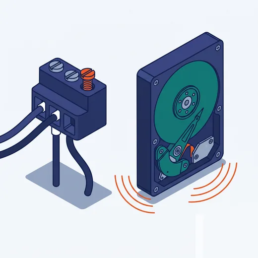 Hai thứ hỏng đầu tiên khi rung, đặt cạnh nhau: một đầu nối terminal block có con vít đã tự nới lỏng và sợi dây tuột ra, và một ổ cứng cơ mở nắp lộ đĩa quay, bên dưới là các vòng cung rung.