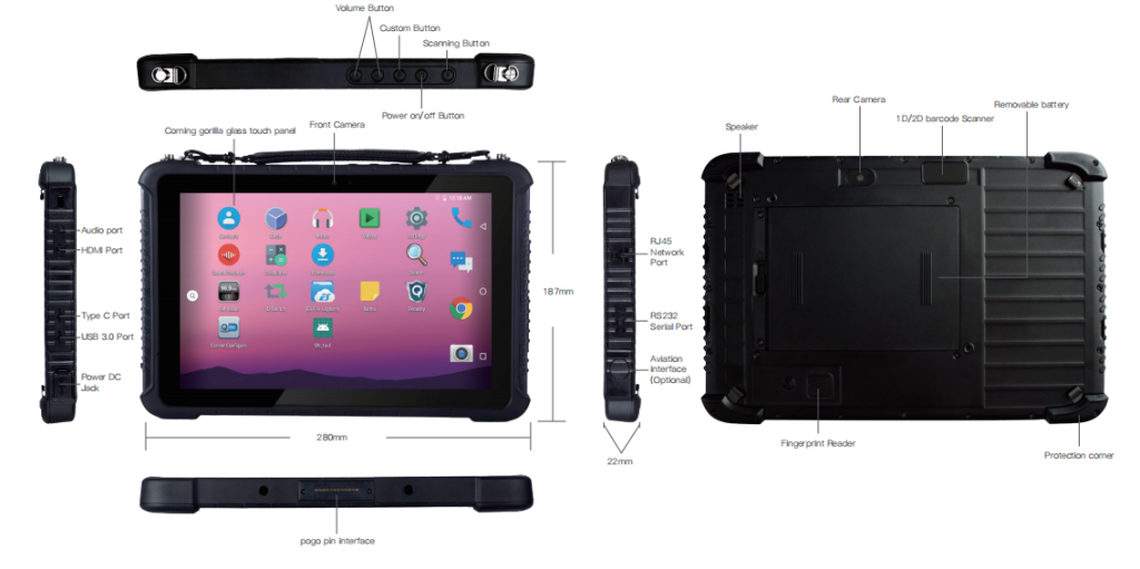 Thiết kế máy tính bảng 10 inch Android 9.0 chắc chắn Emdoor EM-Q16